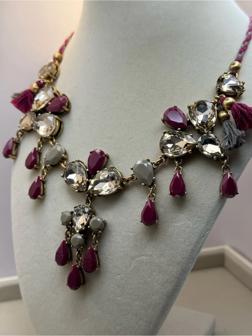 J. Crew Plum and Champagne Crystal Statement Necklace with Tassels